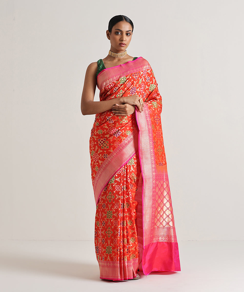 Handloom_Orange_Meenakari_Banarasi_Patola_Saree_With_Pink_Border_WeaverStory_02