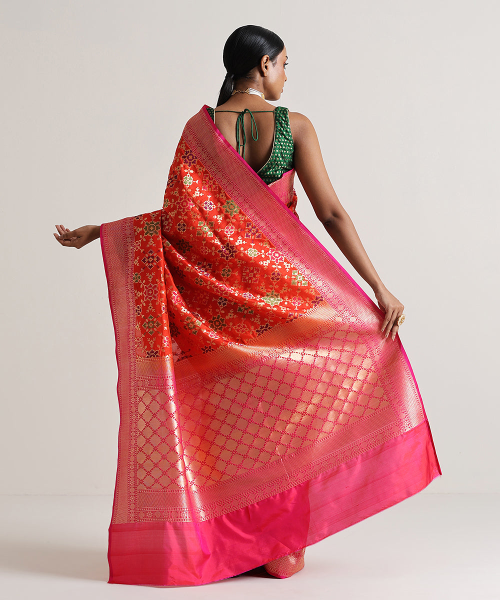 Handloom_Orange_Meenakari_Banarasi_Patola_Saree_With_Pink_Border_WeaverStory_03