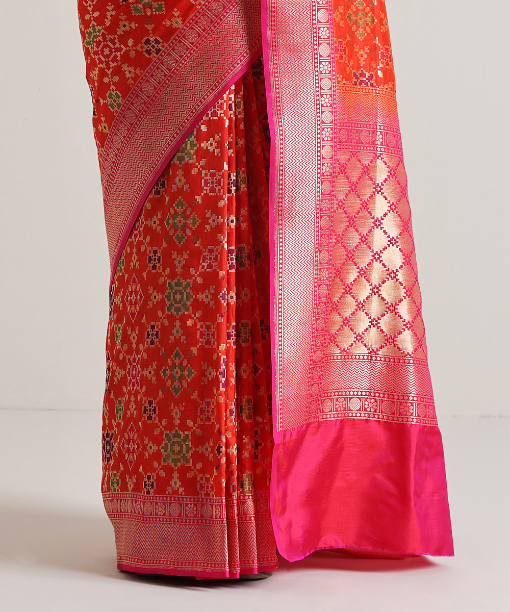 Handloom_Orange_Meenakari_Banarasi_Patola_Saree_With_Pink_Border_WeaverStory_04
