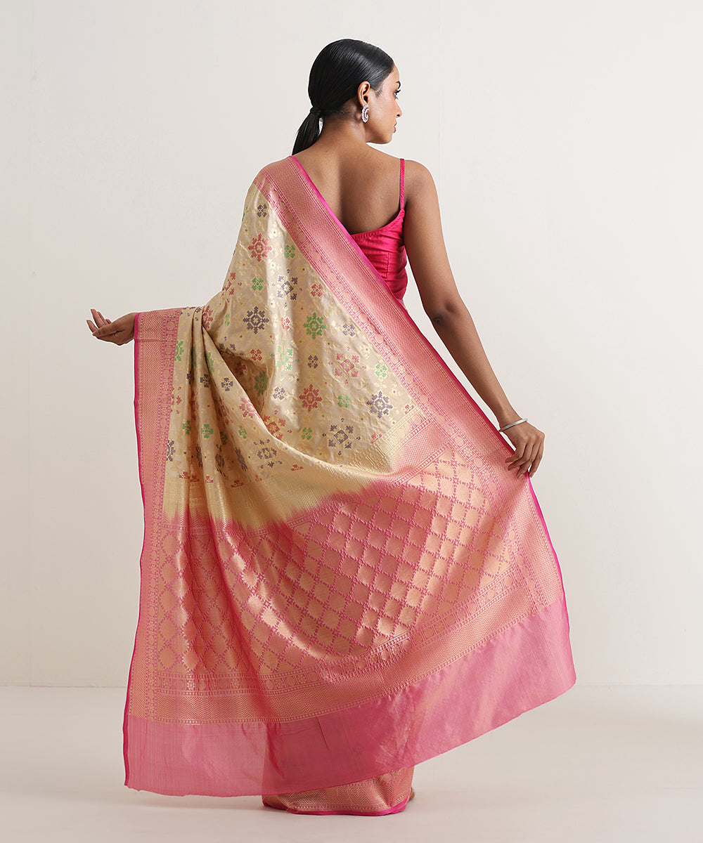 Beige_Handloom_Meenakari_Banarasi_Patola_Saree_With_Pink_Border_WeaverStory_03