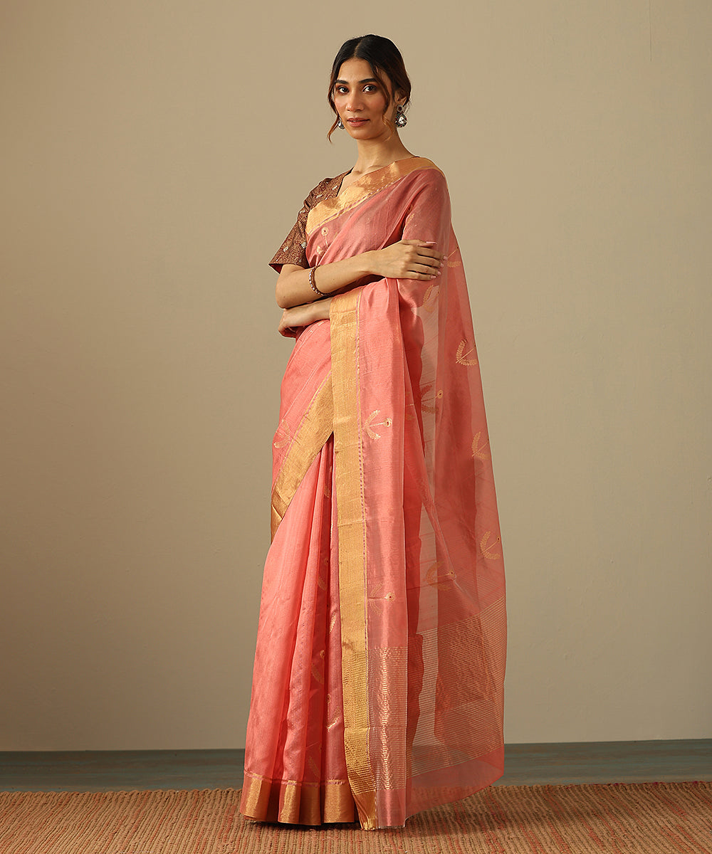 Peach_Pink_Handloom_Pure_Silk_Chanderi_Saree_With_Gold_Zari_Booti_And_Tissue_Border_WeaverStory_02