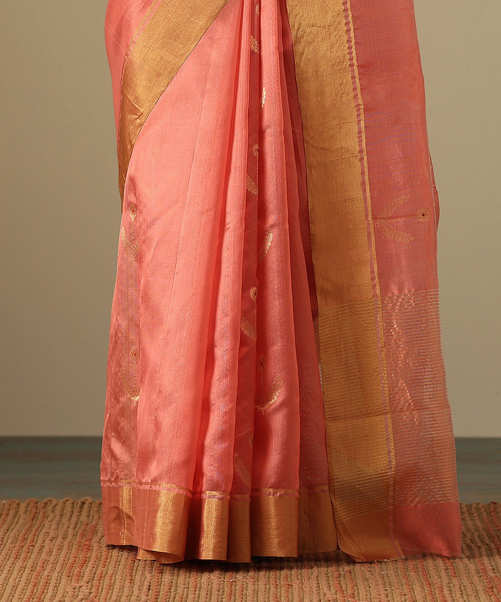 Peach_Pink_Handloom_Pure_Silk_Chanderi_Saree_With_Gold_Zari_Booti_And_Tissue_Border_WeaverStory_05