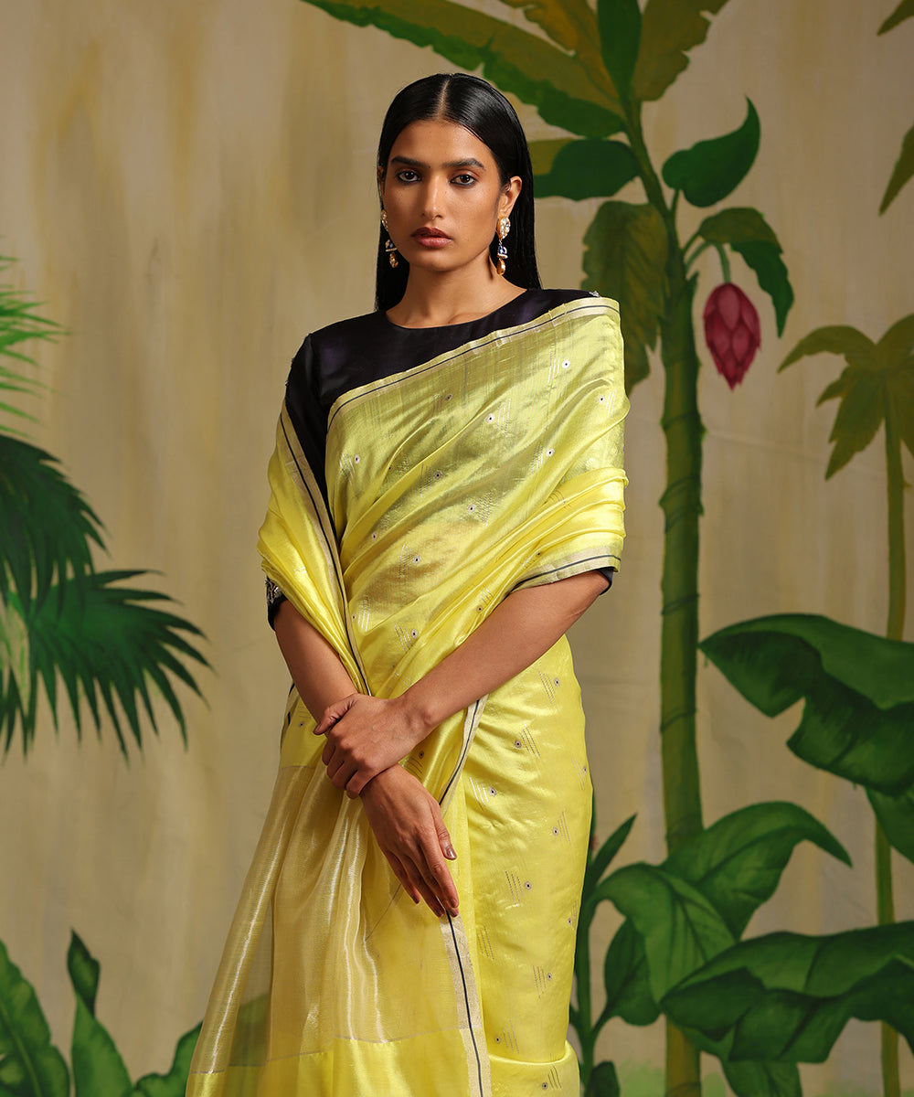 Neon_Yellow_Handloom_Pure_Chanderi_Silk_Saree_With_Triangle_Booti_WeaverStory_01