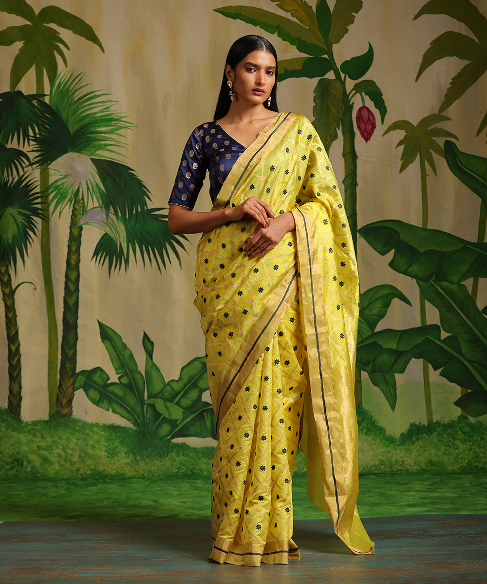Handloom_Neon_Yellow_Pure_Chanderi_Silk_Saree_With_Zari_Jaal_WeaverStory_02