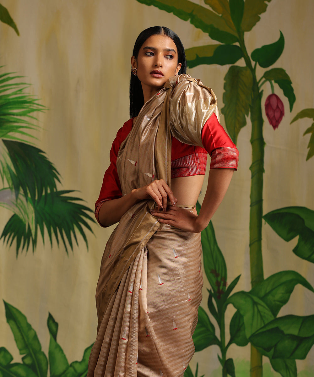 Khaki_Handloom_Striped_Pure_Chanderi_Silk_Saree_With_Tilak_Meenakari_Booti_WeaverStory_01