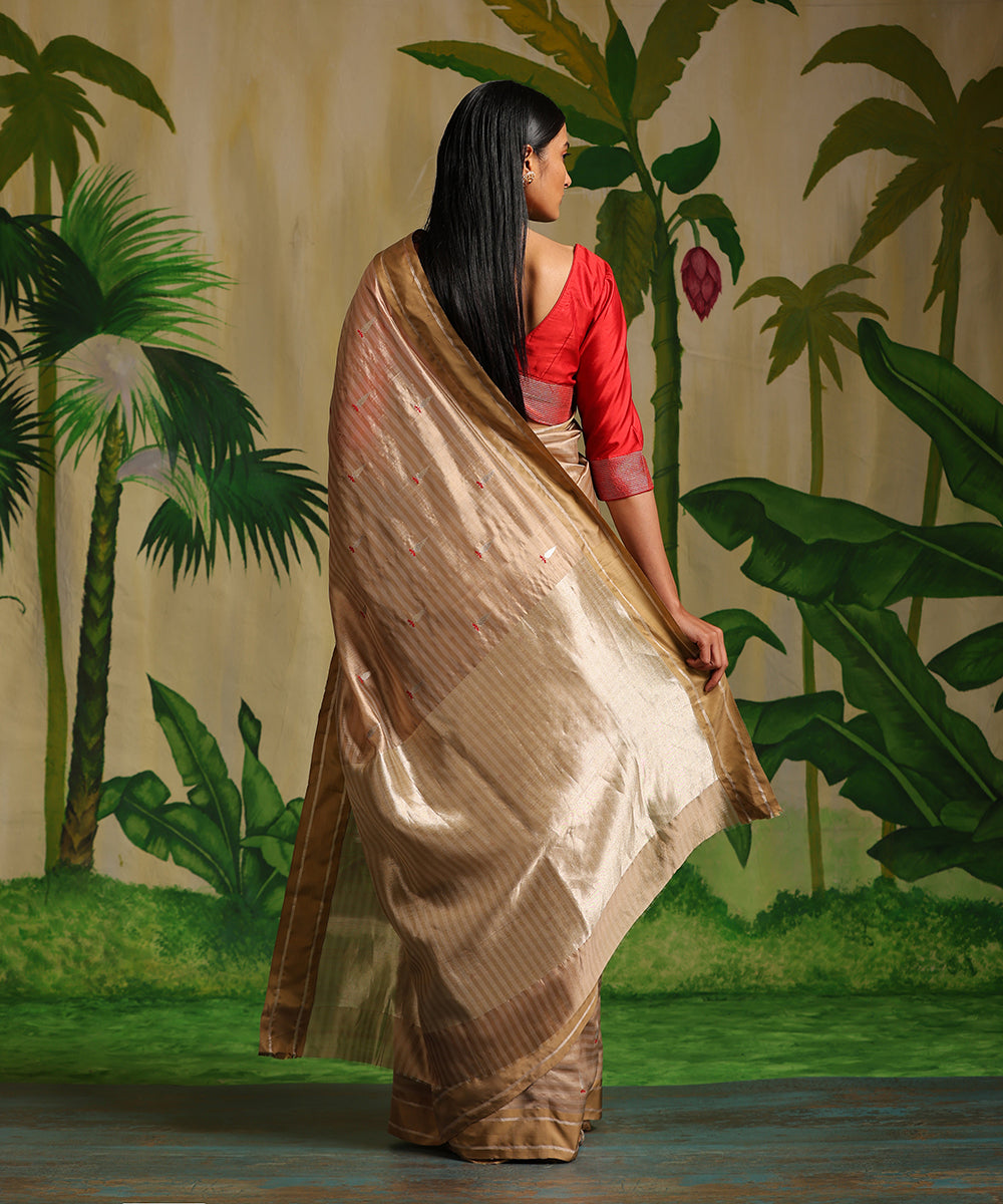 Khaki_Handloom_Striped_Pure_Chanderi_Silk_Saree_With_Tilak_Meenakari_Booti_WeaverStory_03
