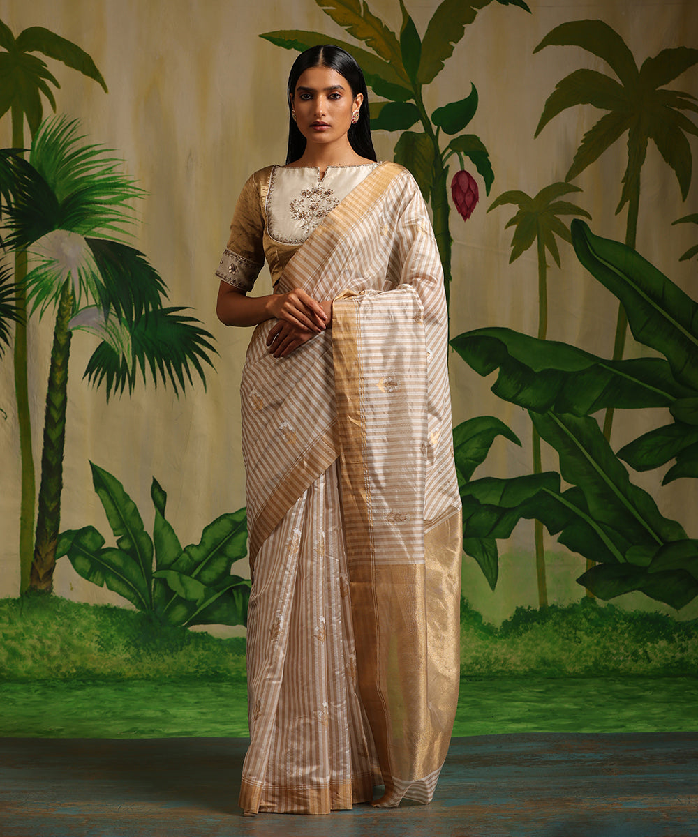 Handloom_Cream_And_White_Striped_Pure_Chanderi_Silk_Saree_With_Meena_Booti_WeaverStory_02