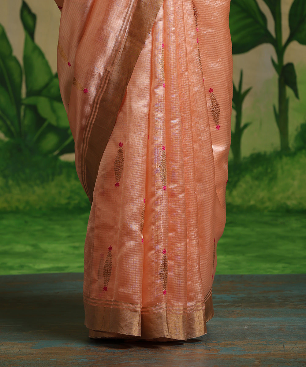 Handloom_Peach_Pure_Chanderi_Silk_Saree_With_Meena_Zari_Booti_WeaverStory_04