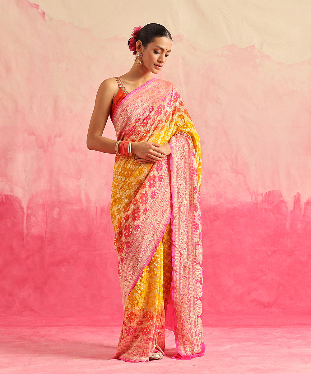 Handloom_Neon_Pink_And_Yellwo_Pure_Georgette_Banarasi_Bandhej_Saree_WeaverStory_02