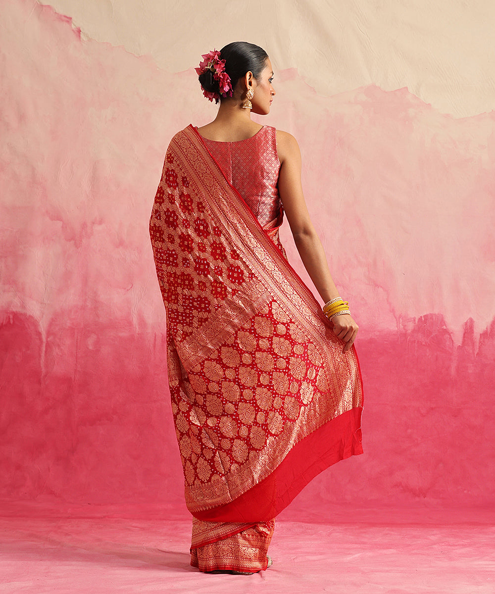 Handloom_Red_Pure_Georgette_Banarasi_Bandhej_Saree_With_Cutwork_Jaal_WeaverStory_03