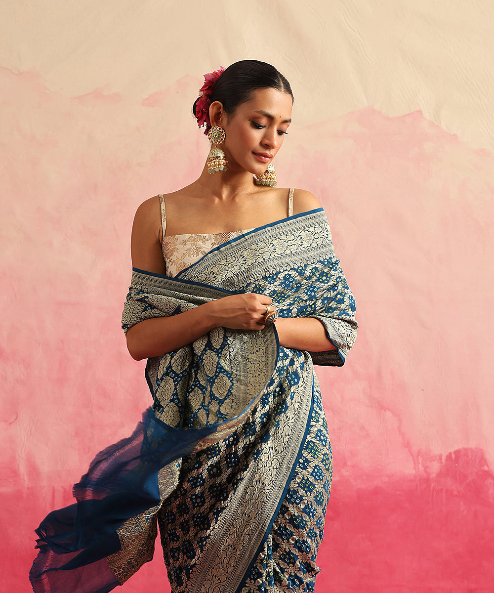 Navy_Blue_Handloom_Pure_Georgette_Banarasi_Bandhej_Saree_With_All_Over_Cutwork_Jaal_WeaverStory_01
