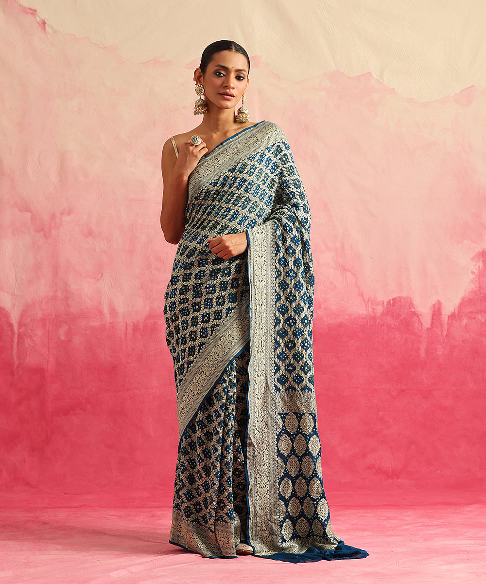 Navy_Blue_Handloom_Pure_Georgette_Banarasi_Bandhej_Saree_With_All_Over_Cutwork_Jaal_WeaverStory_02