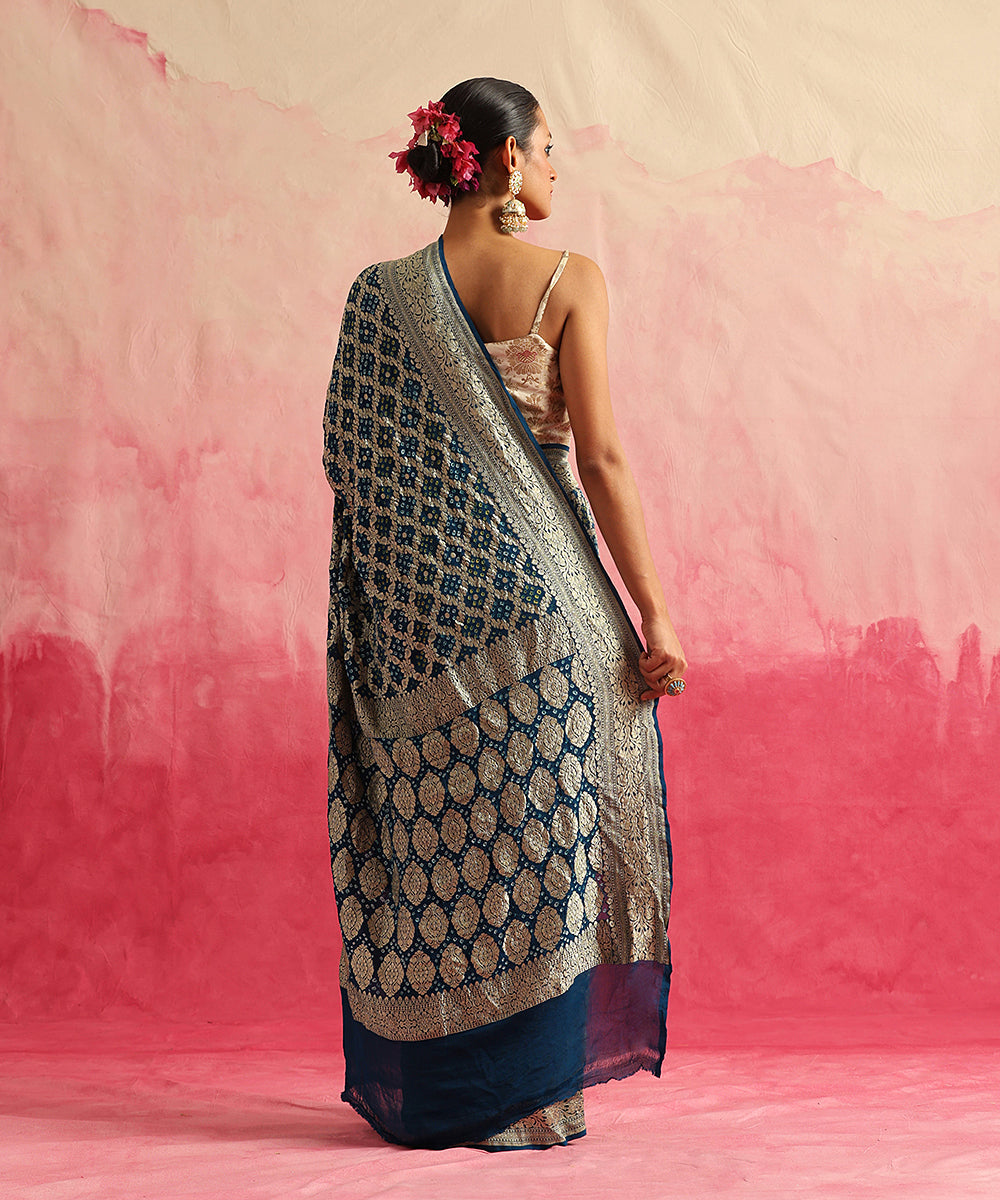 Navy_Blue_Handloom_Pure_Georgette_Banarasi_Bandhej_Saree_With_All_Over_Cutwork_Jaal_WeaverStory_03