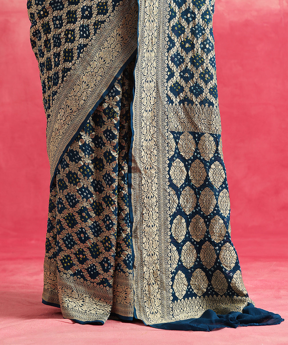 Navy_Blue_Handloom_Pure_Georgette_Banarasi_Bandhej_Saree_With_All_Over_Cutwork_Jaal_WeaverStory_04