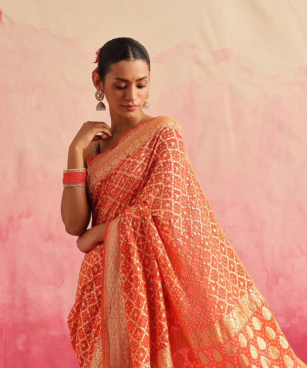 Handloom_Orange_Pure_Georgette_Banarasi_Bandhej_Saree_With_Cutwork_Jaal_WeaverStory_01