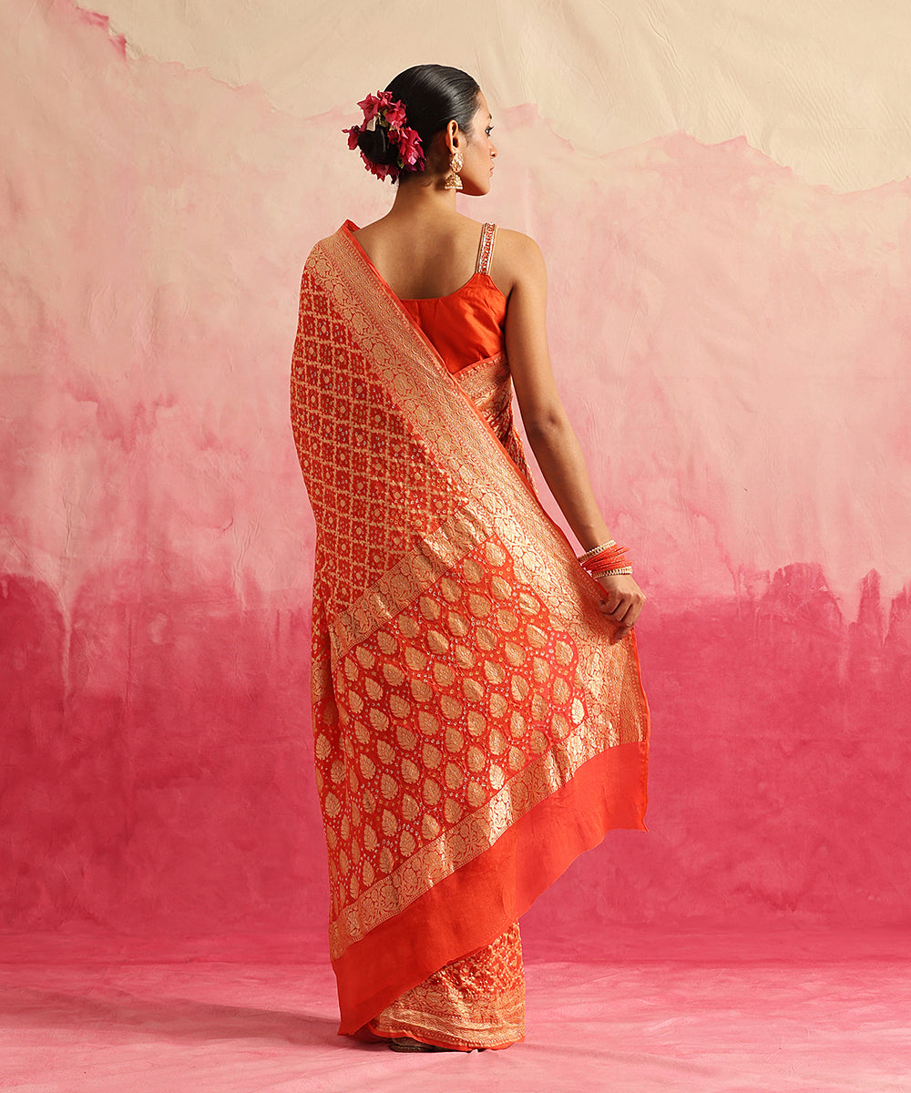 Handloom_Orange_Pure_Georgette_Banarasi_Bandhej_Saree_With_Cutwork_Jaal_WeaverStory_03