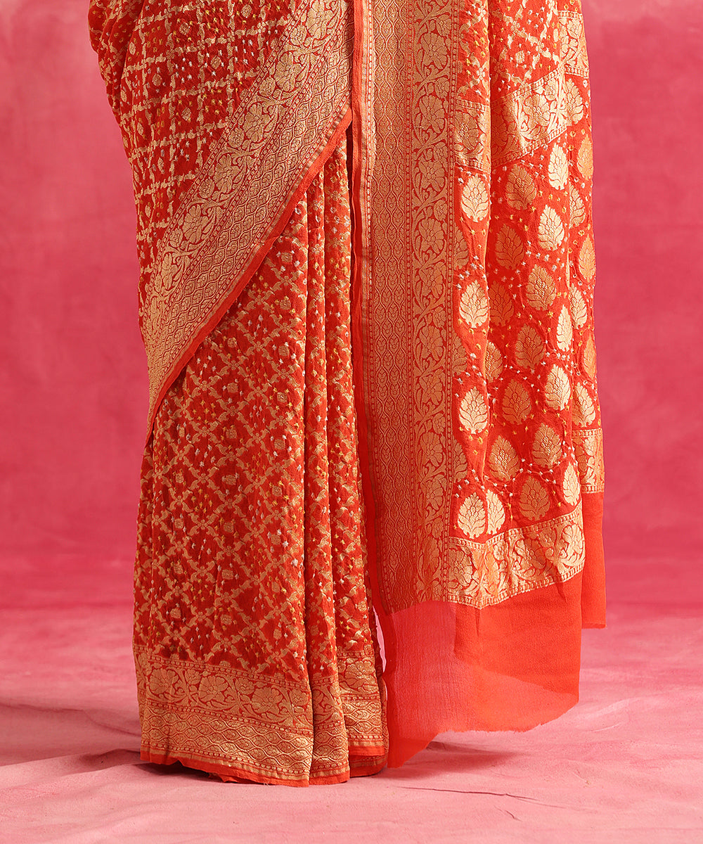 Handloom_Orange_Pure_Georgette_Banarasi_Bandhej_Saree_With_Cutwork_Jaal_WeaverStory_04