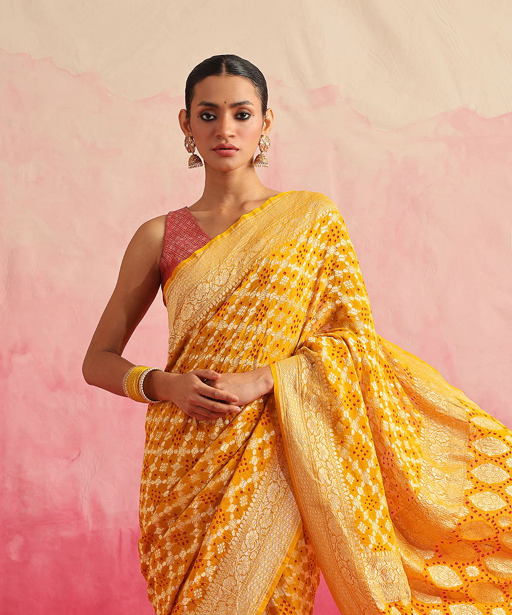 Mustard_Handloom_Pure_Georgette_Banarasi_Bandhej_Saree_With_All_Over_Cutwork_Jaal_WeaverStory_01