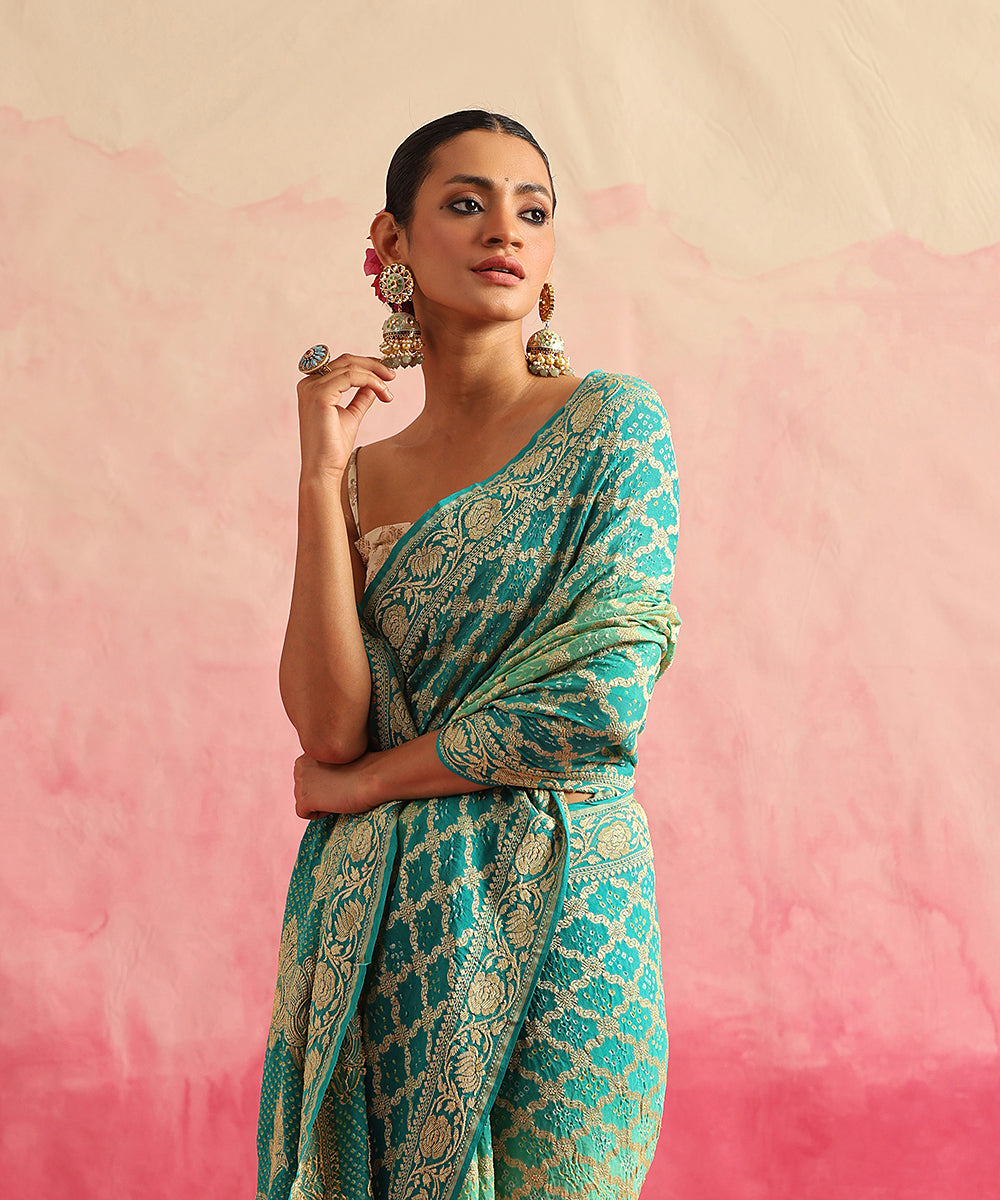 Handloom_Mint_Green_Pure_Georgette_Banarasi_Bandhej_Saree_With_All_Over_Cutwork_Jaal_WeaverStory_01