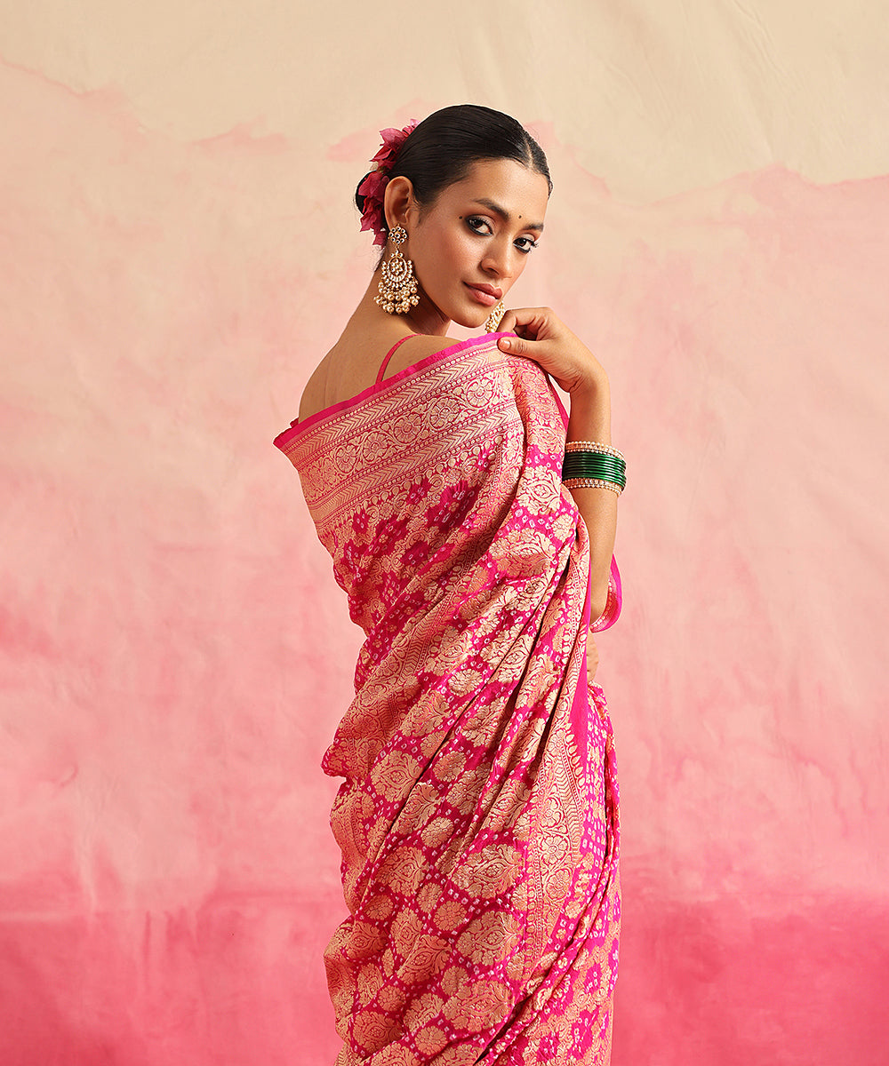 Rani_Pink_Handloom_Pure_Georgette_Banarasi_Bandhej_Saree_WeaverStory_01