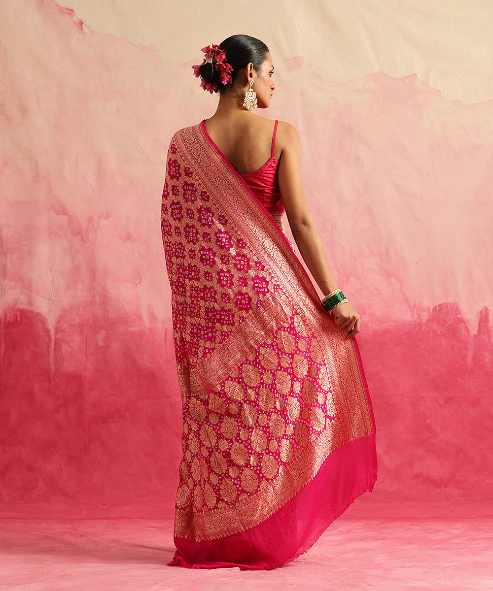 Rani_Pink_Handloom_Pure_Georgette_Banarasi_Bandhej_Saree_WeaverStory_03
