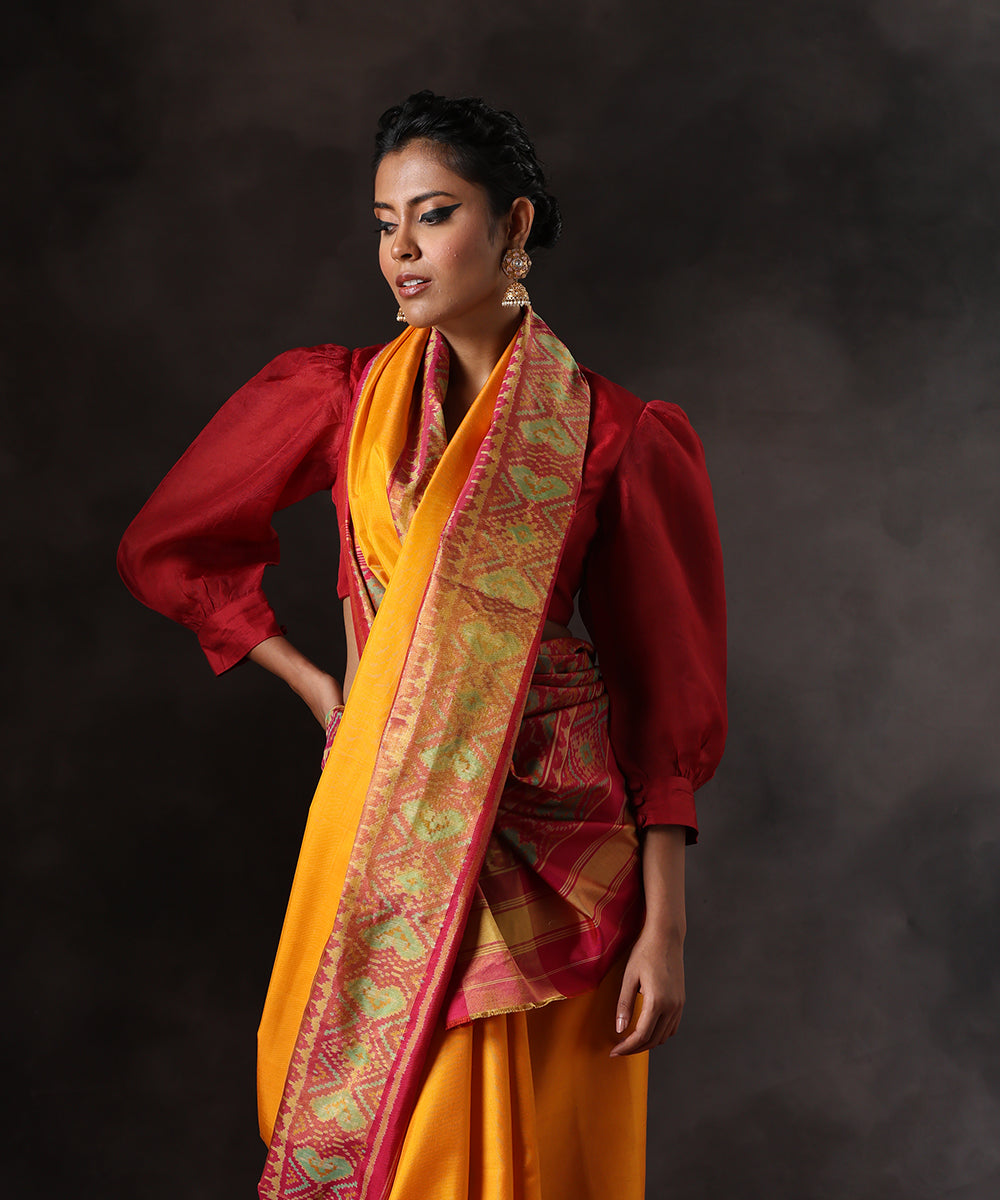 Handloom Mustard Pure Mulberry Silk Single Ikat Patola Saree With Rani  Tissue Broad Border