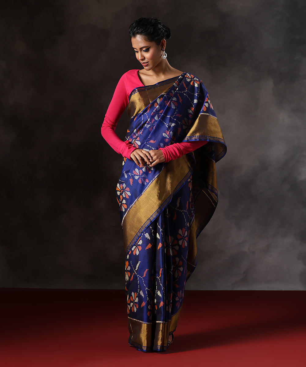 Handloom_Purple_And_Blue_Pure_Mulbery_Silk_Single_Ikat_Patola_Saree_With_Gold_Tissue_Border_WeaverStory_02