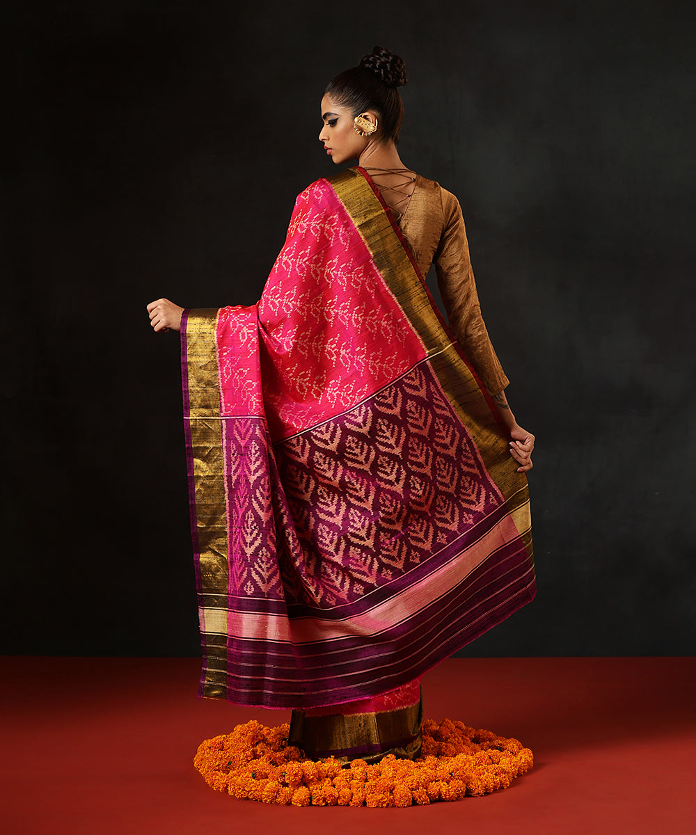 Rani_Pink_Handloom_Pure_Raw_Silk_Single_Ikat_Patola_Saree_With_Gold_Tissue_Border_WeaverStory_03