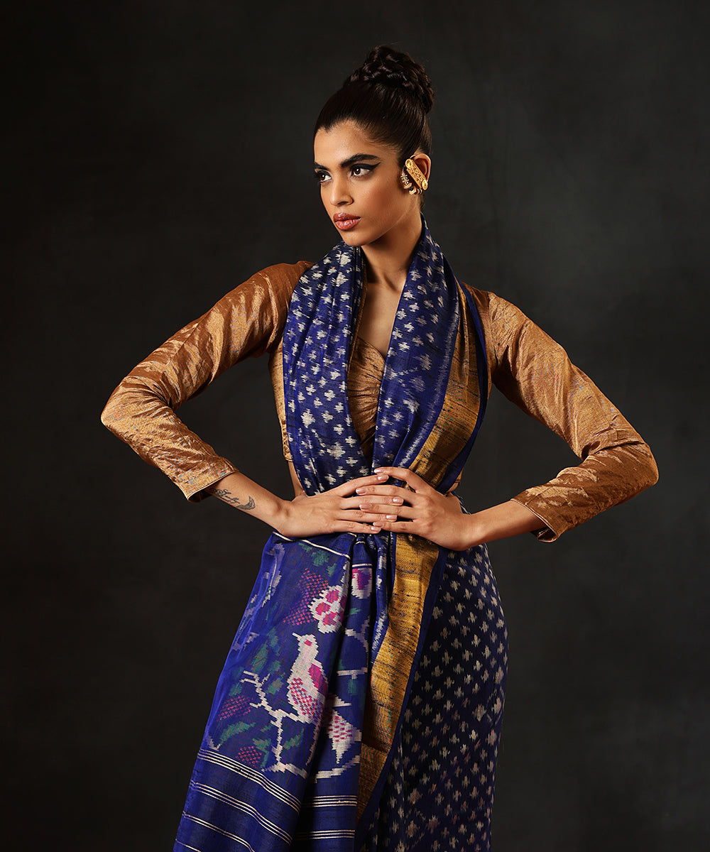 Blue_Handloom_Pure_RawSilk_Single_Ikat_Patola_Saree_With_Gold_Tissue_Border_WeaverStory_01