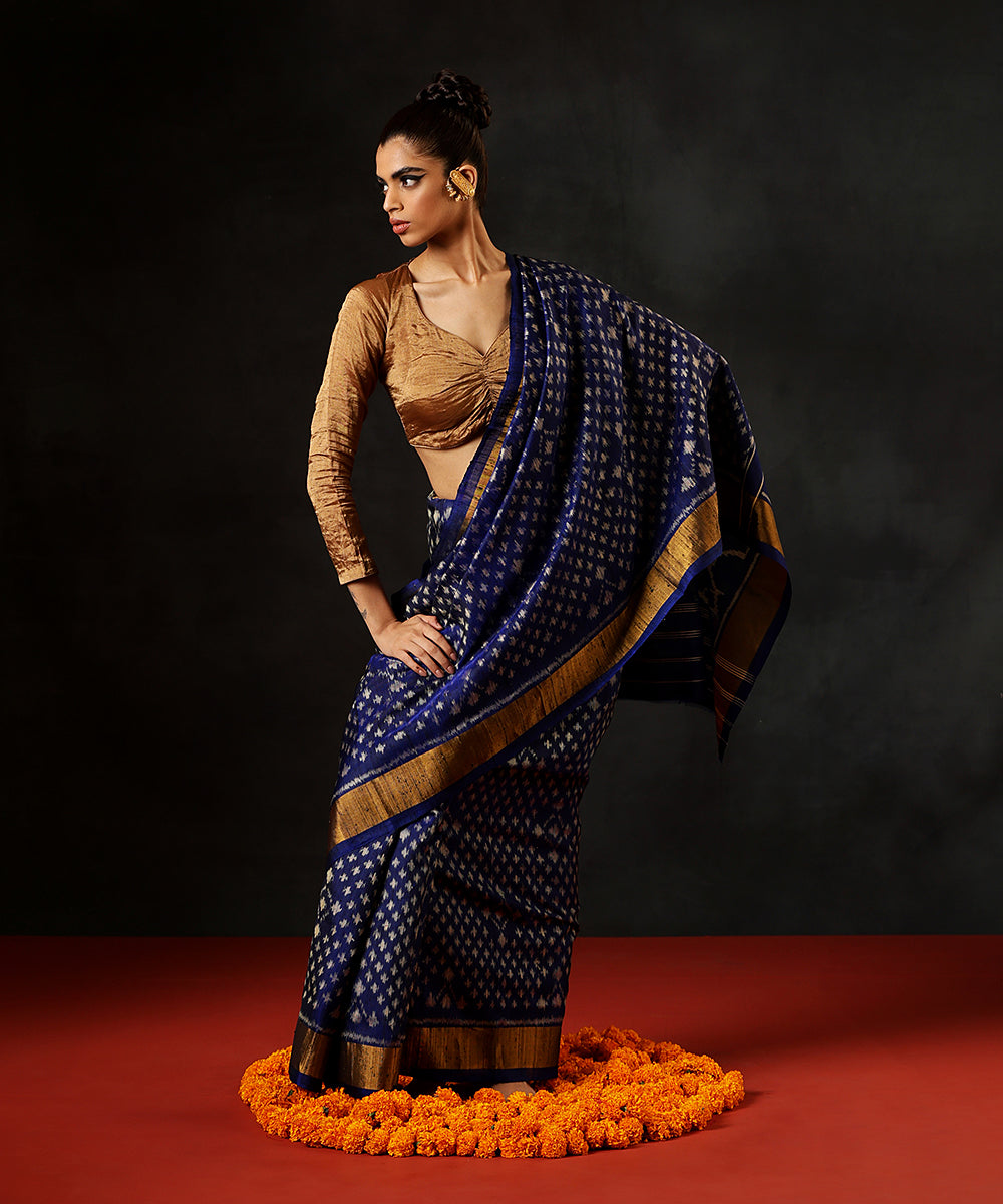 Blue_Handloom_Pure_RawSilk_Single_Ikat_Patola_Saree_With_Gold_Tissue_Border_WeaverStory_02