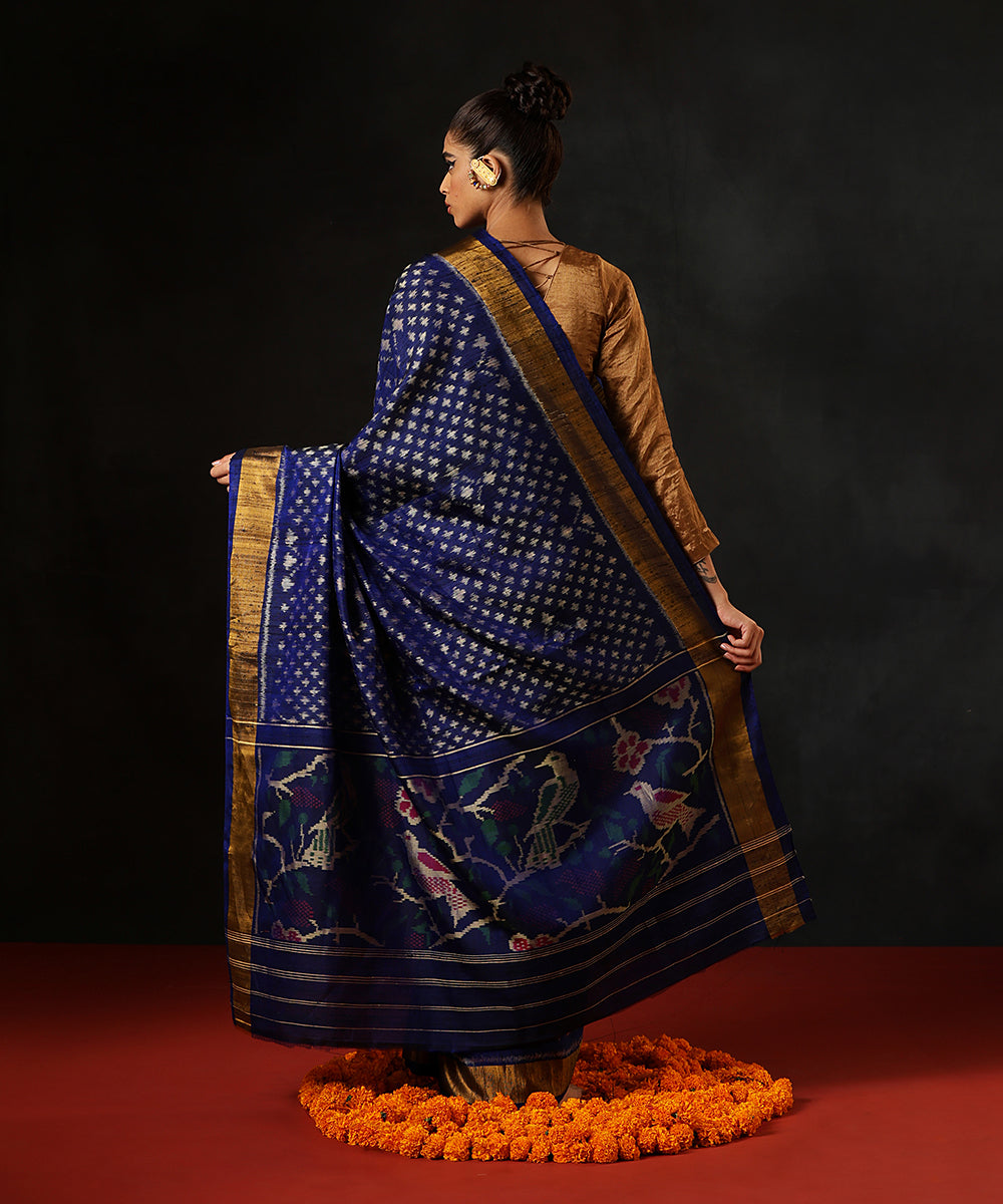 Blue_Handloom_Pure_RawSilk_Single_Ikat_Patola_Saree_With_Gold_Tissue_Border_WeaverStory_03