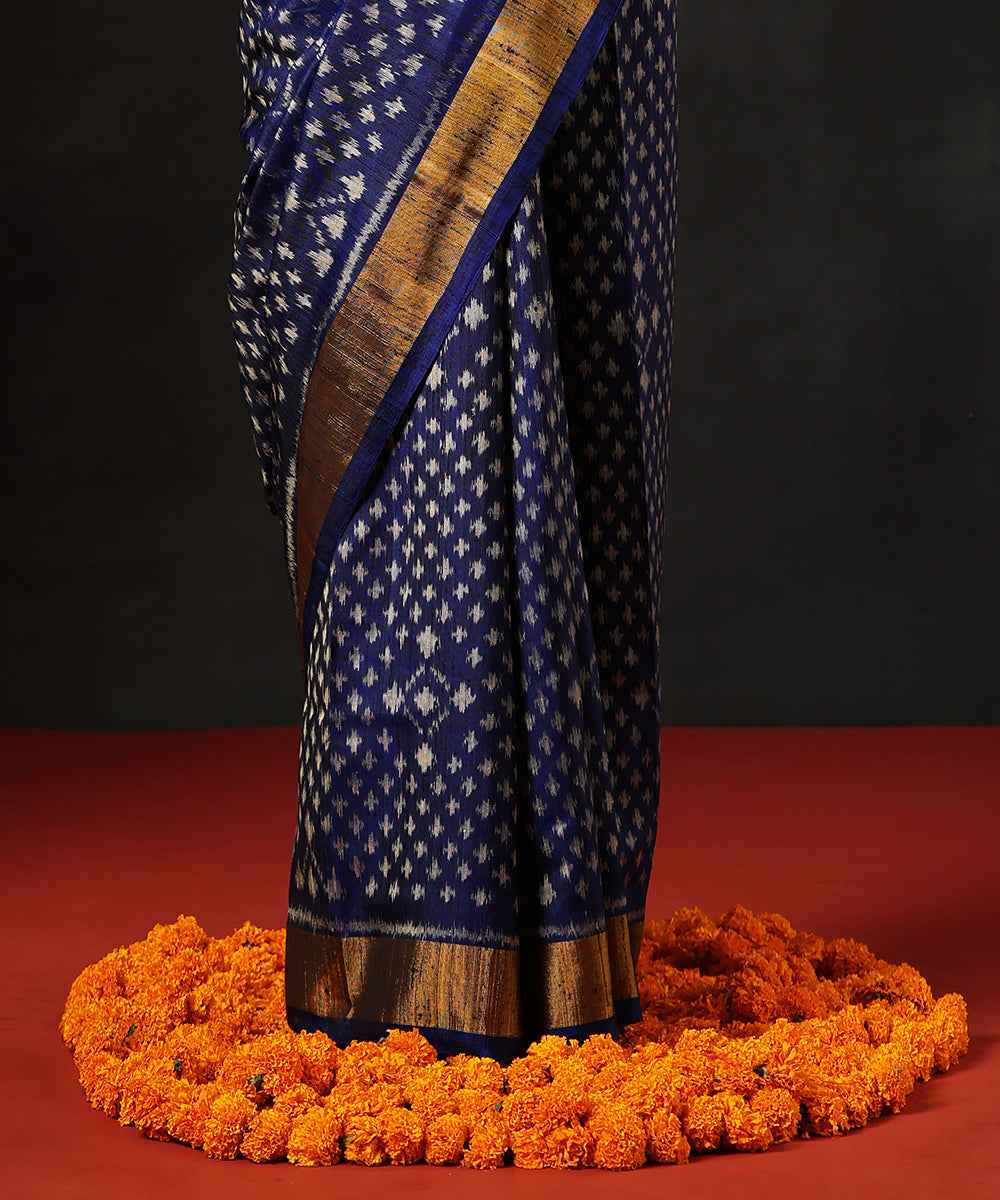 Blue_Handloom_Pure_RawSilk_Single_Ikat_Patola_Saree_With_Gold_Tissue_Border_WeaverStory_04