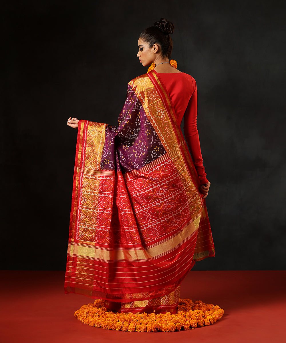 Purple_And_Red_HandloomPure_Mulberry_Silk_Single_Ikat_Patola_Saree_With_Gold_Tissue_Border_WeaverStory_03