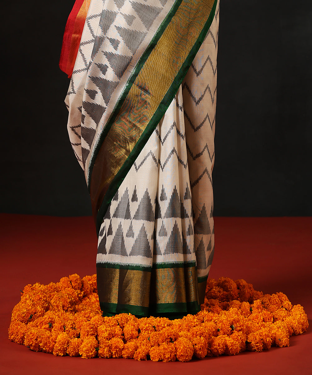 Handloom_White_And_Grey_Pure_Mulberry_Silk_Single_Ikat_PatolaGanga_Jamuna_Saree_With_Green_Tissue_Border_WeaverStory_04