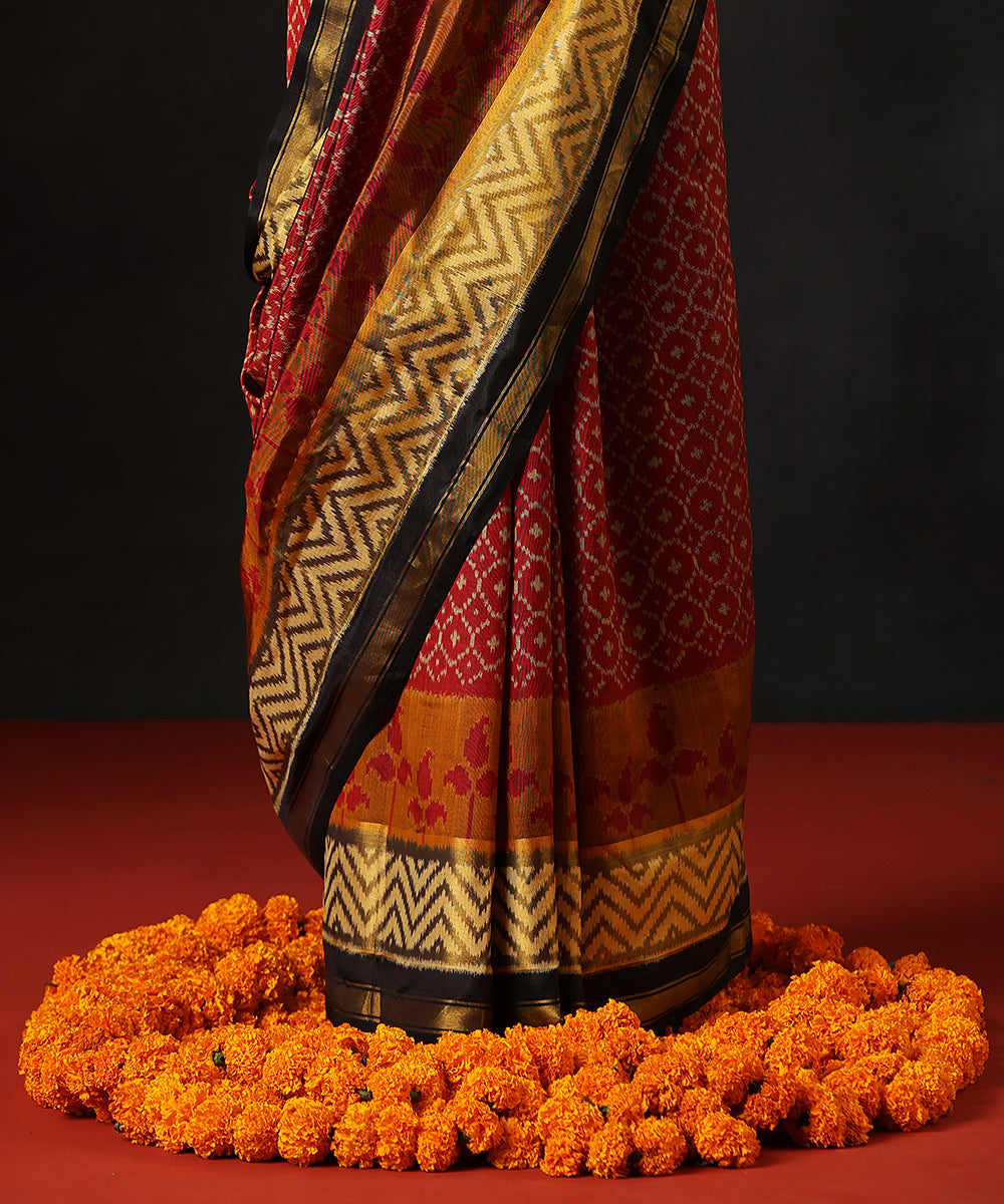 HandloomMaroon_Pure_Mulberry_Silk_Single_Ikat_Patola_Saree_With_BlackTissueBorder_WeaverStory_04
