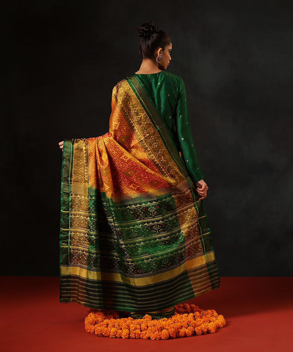 HandloomMustard_And_Green_Pure_Mulberry_Silk_Single_Ikat_Patola_Saree_With_TissueBorder_WeaverStory_03