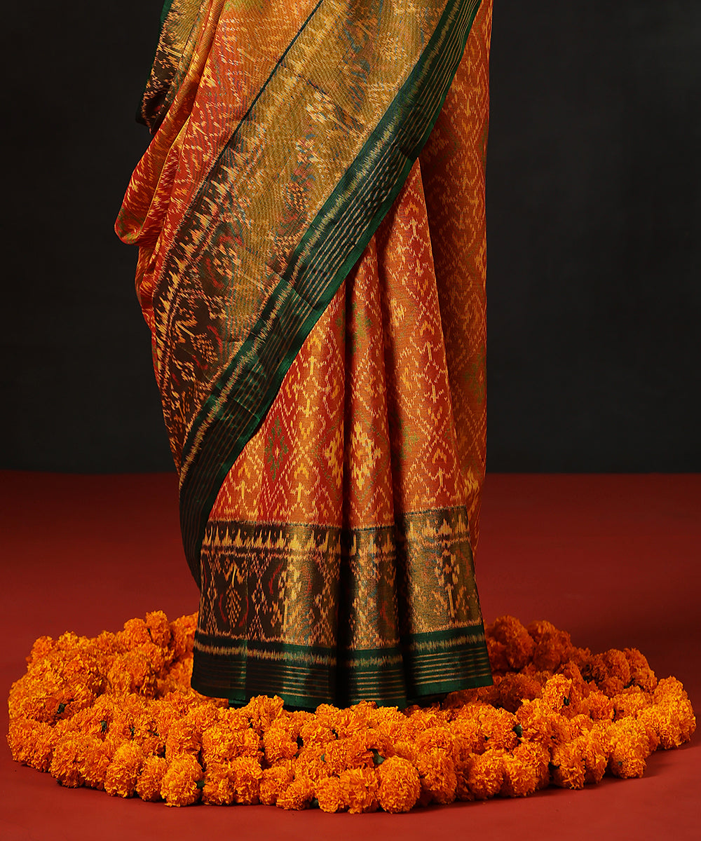 HandloomMustard_And_Green_Pure_Mulberry_Silk_Single_Ikat_Patola_Saree_With_TissueBorder_WeaverStory_04