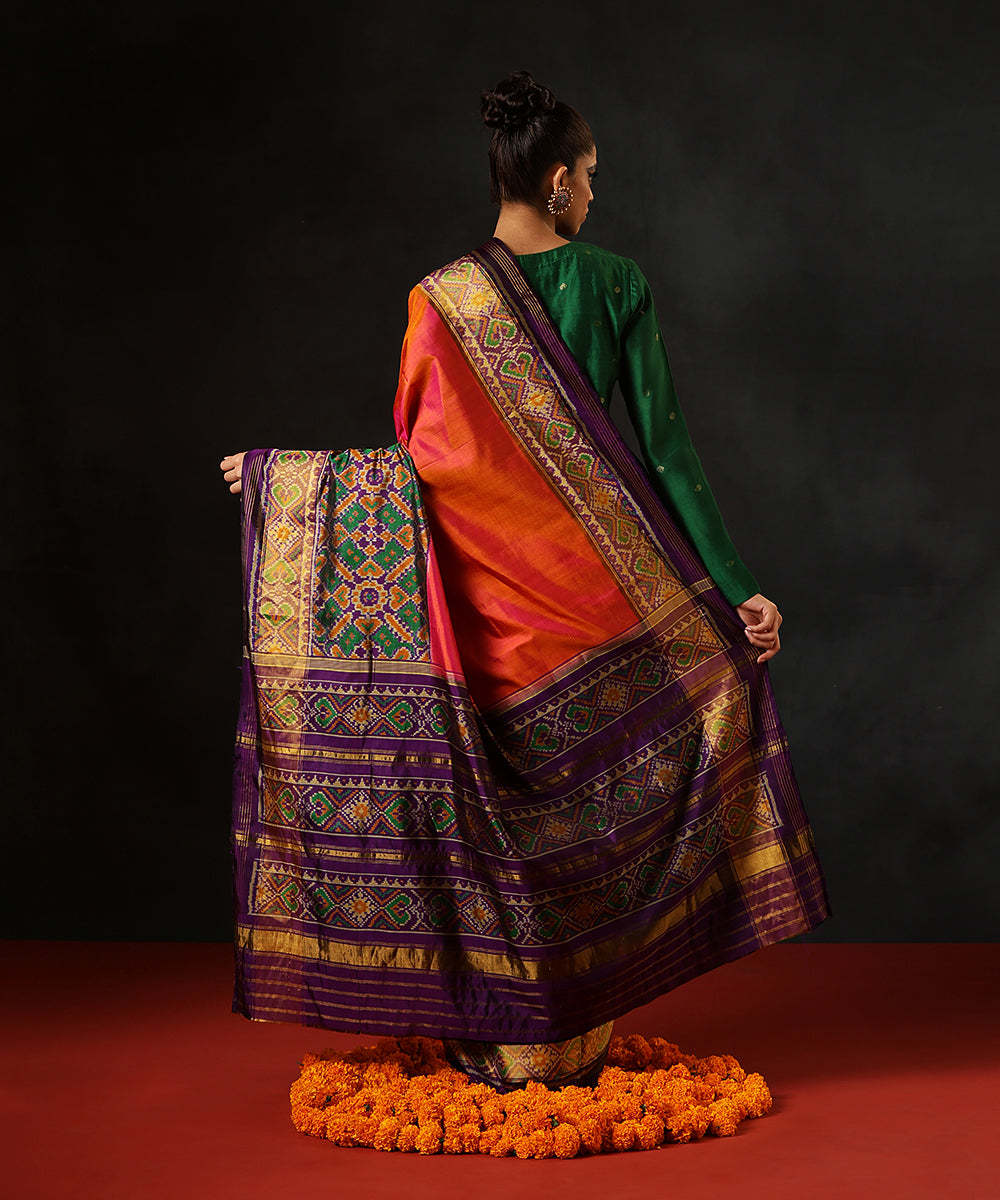 HandloomPurple_And_Pink_Double_ShadePureMulberry_Silk_Single_Ikat_Patola_Saree_WithPurple_GreenBorder_WeaverStory_03