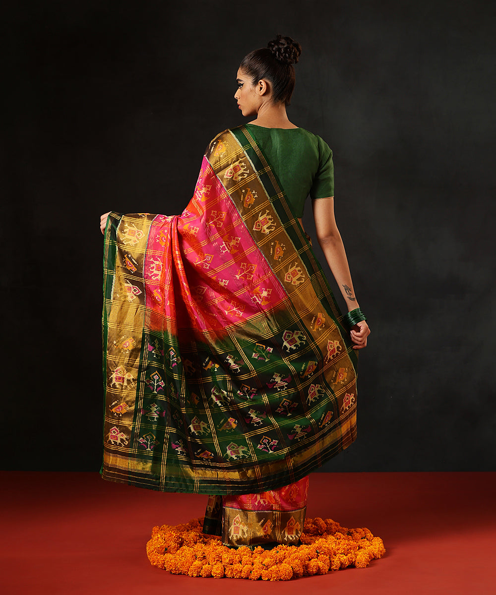 Handloom_Pink_And_Orange_Pure_Mulberry_Silk_Single_Ikat_Patola_SareeWith_Green_Tissue_Border_WeaverStory_03