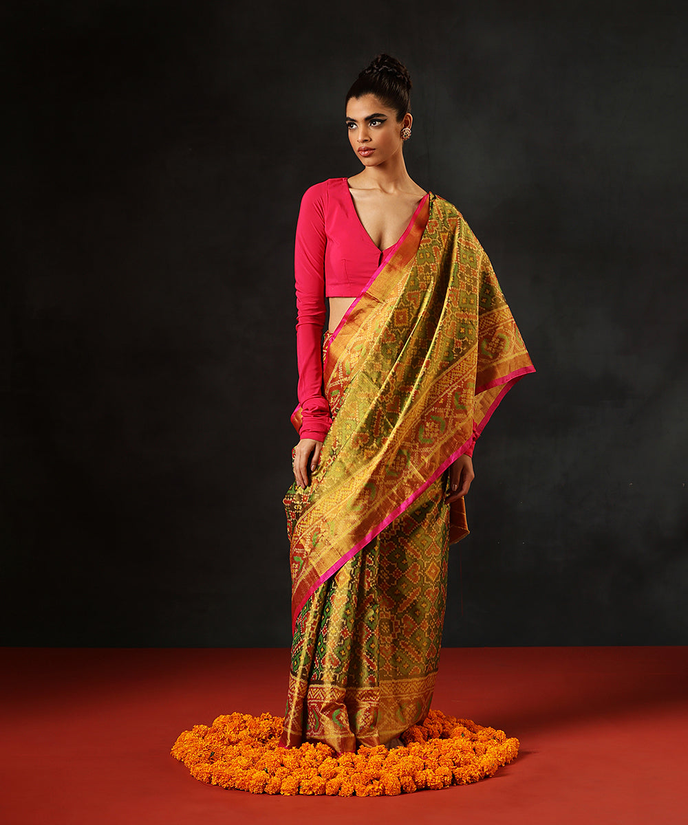 Mustard_And_Green_Handloom_Tissue_Silk_Patola_Saree_With_Pink_Tissue_Border_WeaverStory_02