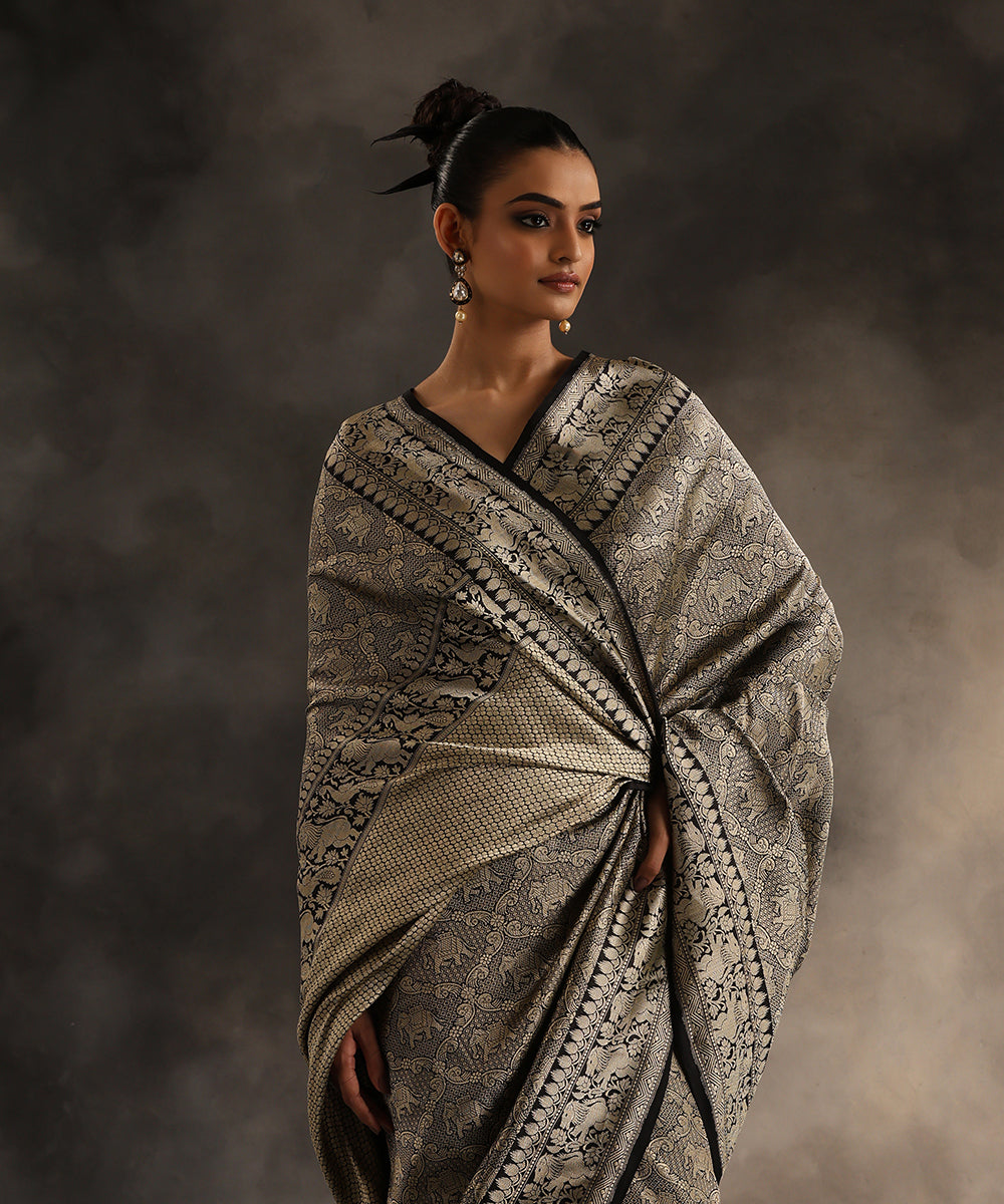 Handloom_Black_Pure_Katan_Silk_Shikargah_Banarasi_Saree_With_Border_WeaverStory_01