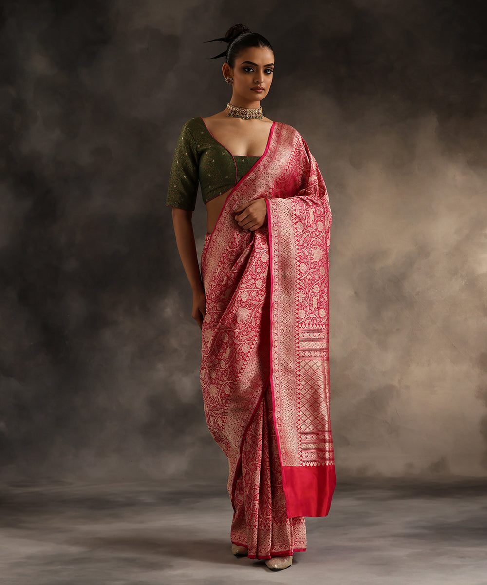 Rani_Pink_Handloom_Pure_Katan_Silk_Shikargah_Banarasi_Saree_With_Zari_WeaverStory_02