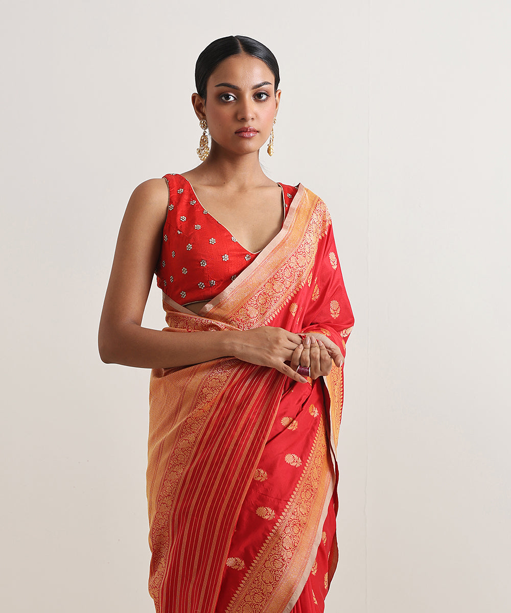 Handloom_Red_Pure_Katan_Silk_Gold_Booti_Cutwork_Saree_WeaverStory_01