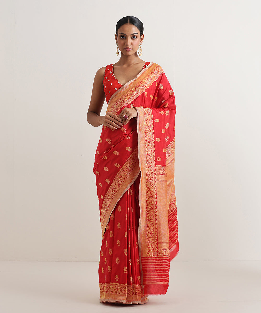 Handloom_Red_Pure_Katan_Silk_Gold_Booti_Cutwork_Saree_WeaverStory_02