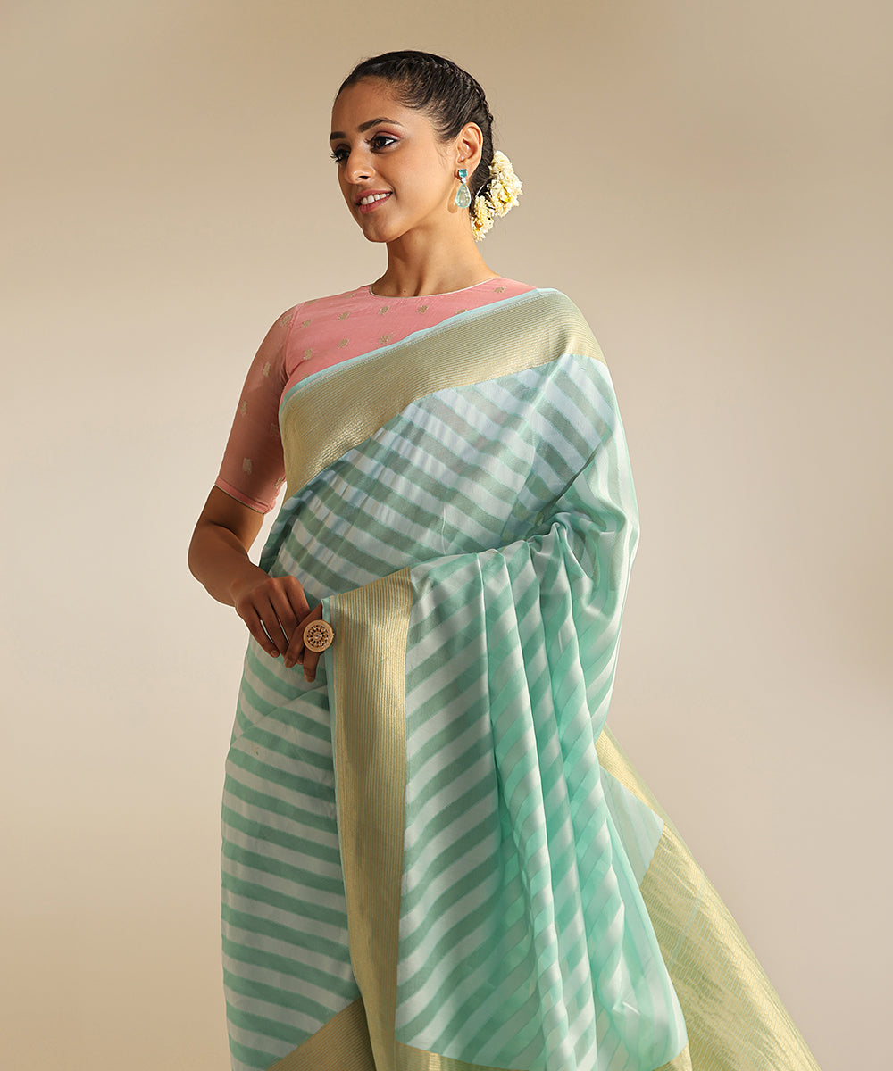 Light_Mint_Green_Handloom_Pure_Georgette_Banarasi_Saree_With_Horizontal_Resham_Stripes_WeaverStory_01