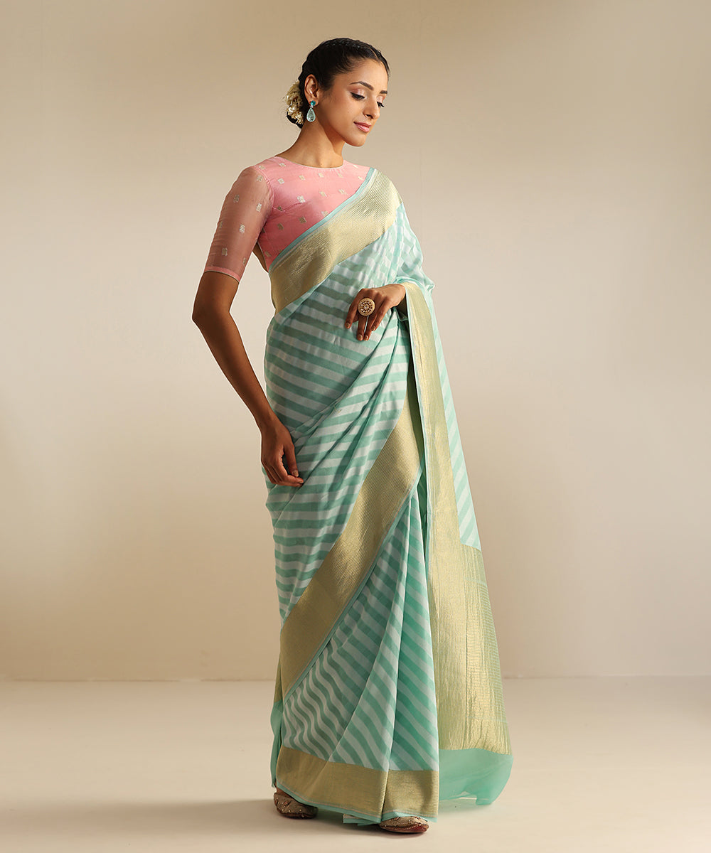 Light_Mint_Green_Handloom_Pure_Georgette_Banarasi_Saree_With_Horizontal_Resham_Stripes_WeaverStory_02