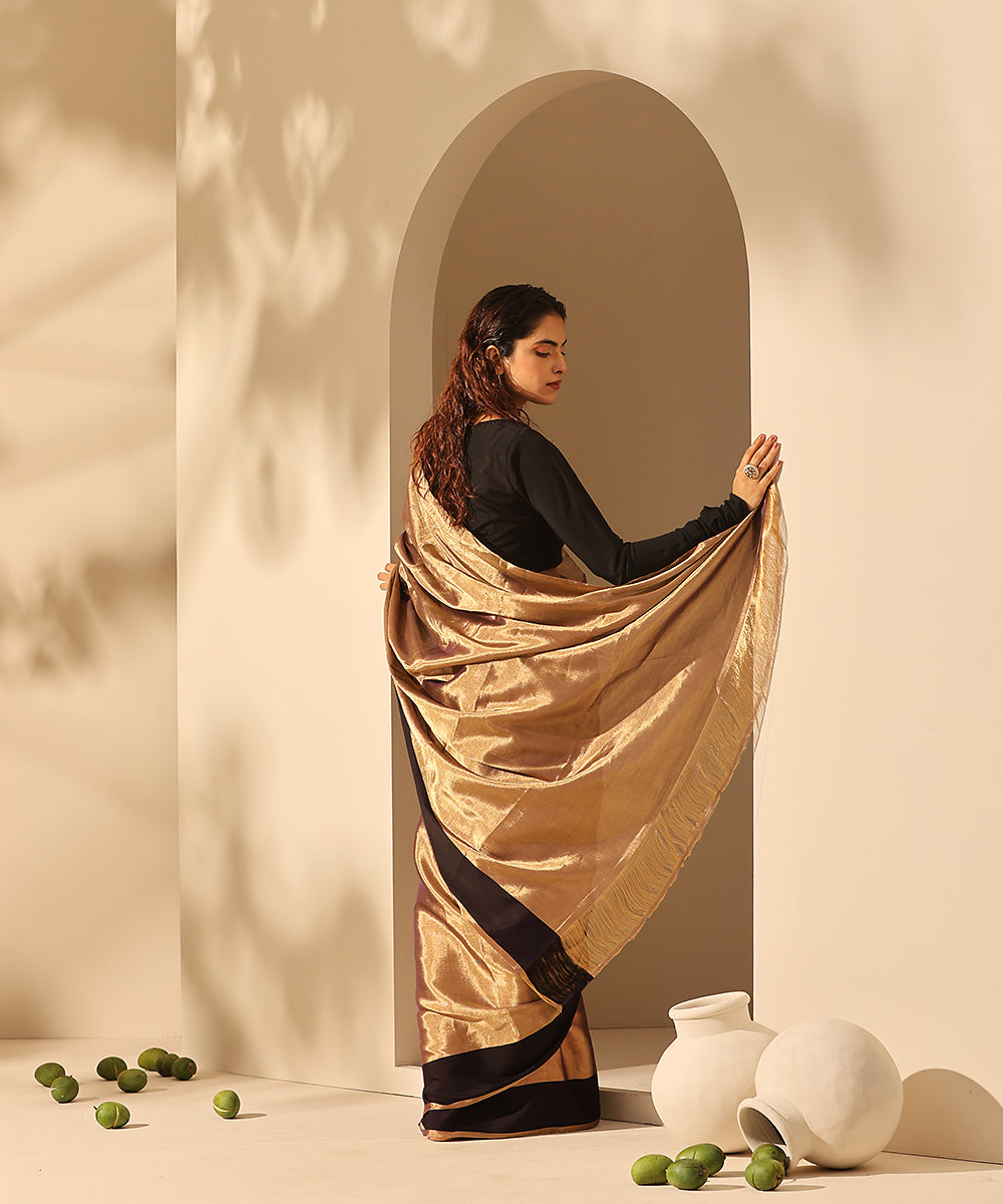 Handloom_Gold_Chanderi_Tissue_Silk_Saree_With_Black_4_Inch_Border_WeaverStory_03