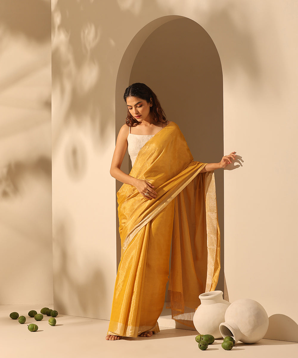 Yellow_And_Gold_Handloom_Chanderi_Tissue_Silk_Saree_With_Silver_Border_WeaverStory_02