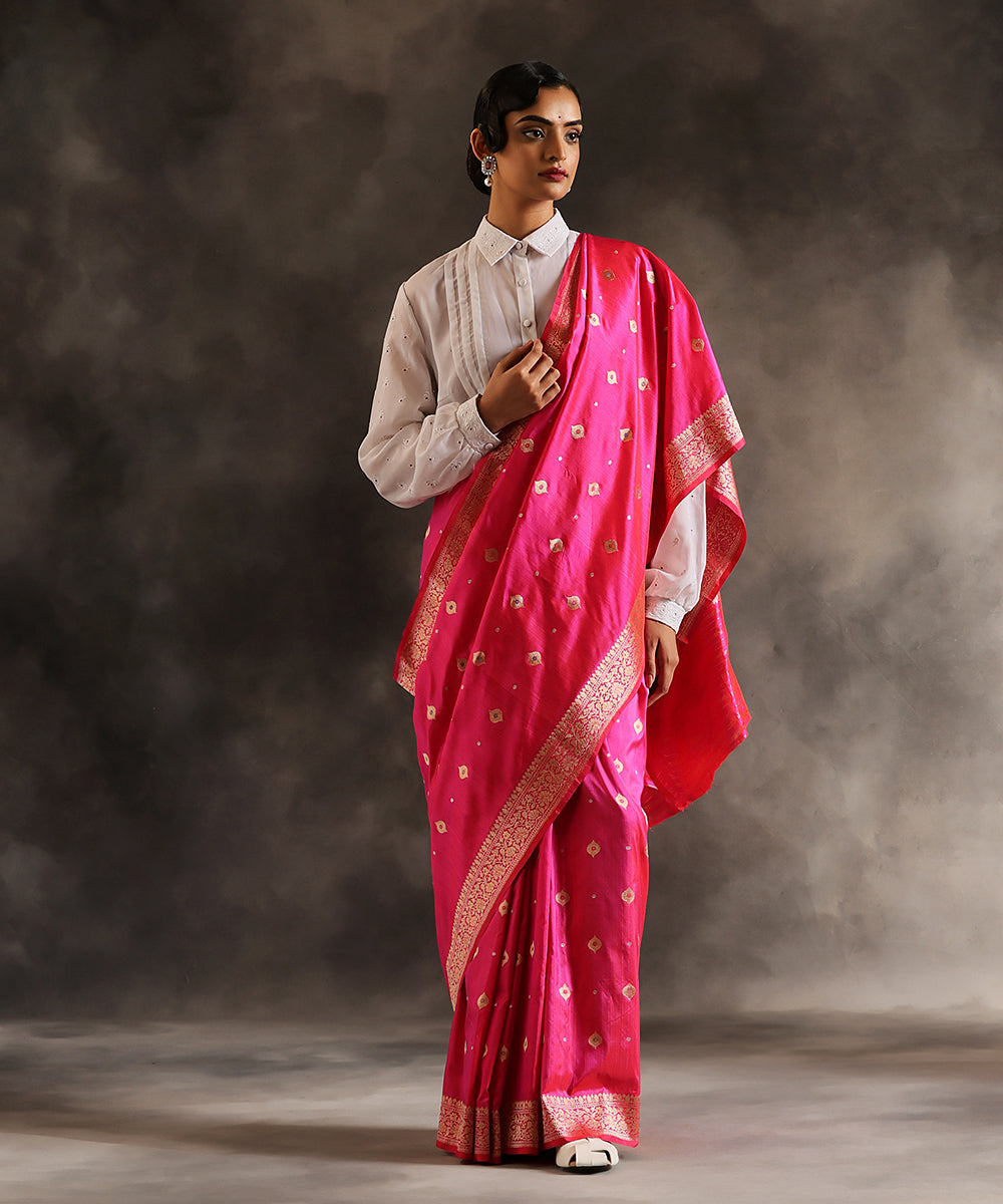 Handloom_Hot_Pink_Pure_Katan_Silk_Banarasi_Saree_With_Kadhwa_Booti_WeaverStory_02