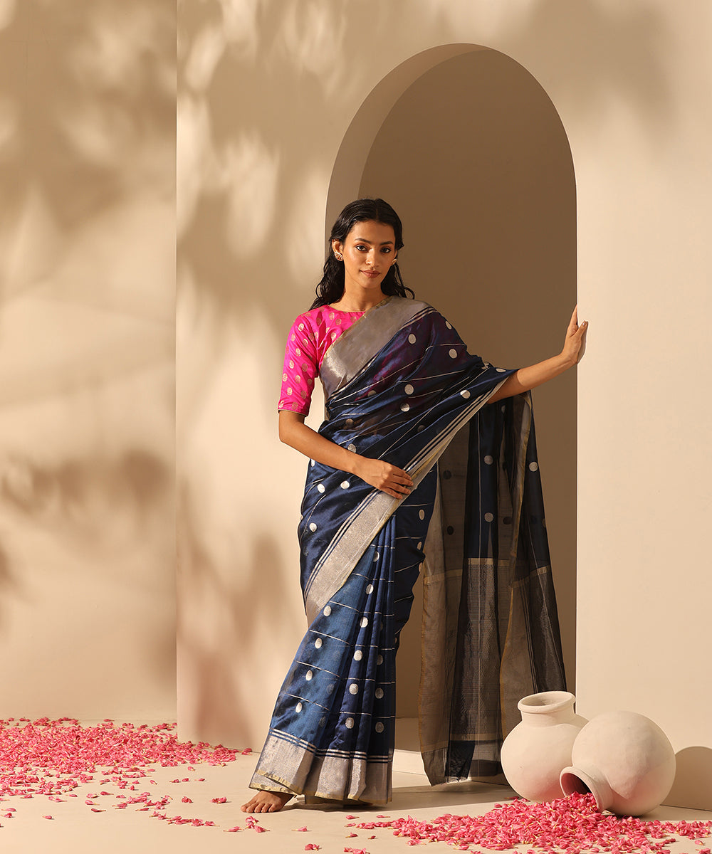 Navy_Blue_Handloom_Pure_Chanderi_Silk_Saree_With_Silver_Zari_Stripes_And_Round_Booti_WeaverStory_02
